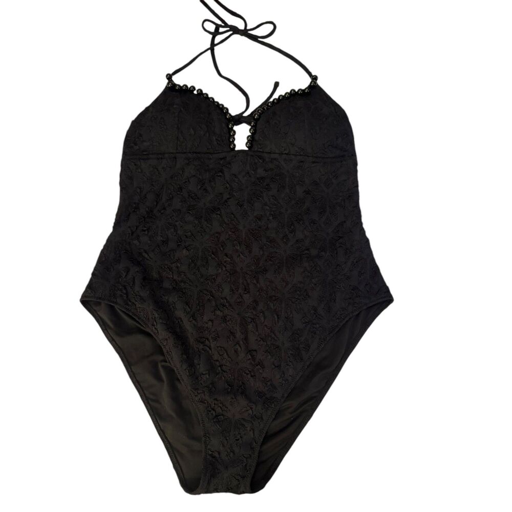 J.CREW NWT Swimsuit sz18 Black Cloque One Piece Beaded Trim Tie Neck Open Back - Picture 5 of 15